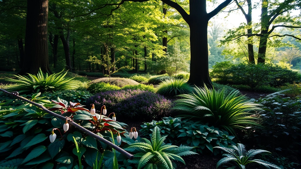 Layered shade garden with hostas, ferns, bleeding hearts, and variegated foliage plants beneath tall trees, dappled sunlight filtering through canopy, peaceful woodland aesthetic