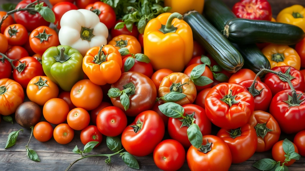 Abundant harvest of colorful ripe tomatoes, bell peppers, and zucchini arranged on rustic wooden table with fresh green basil sprigs scattered throughout