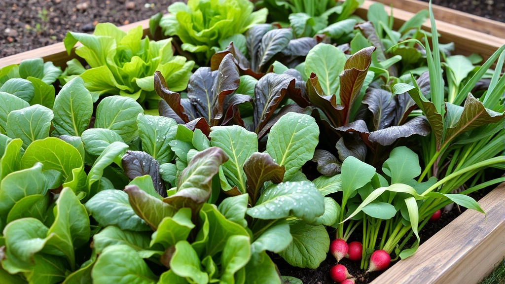 Thriving raised garden bed packed with mature lettuce, spinach, radishes, and green onions at peak harvest readiness, morning dew visible on leaves