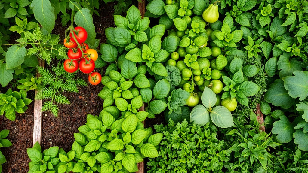 Overhead view of lush raised garden beds with diverse vegetables growing—tomatoes on stakes, leafy greens, herbs, abundant green foliage