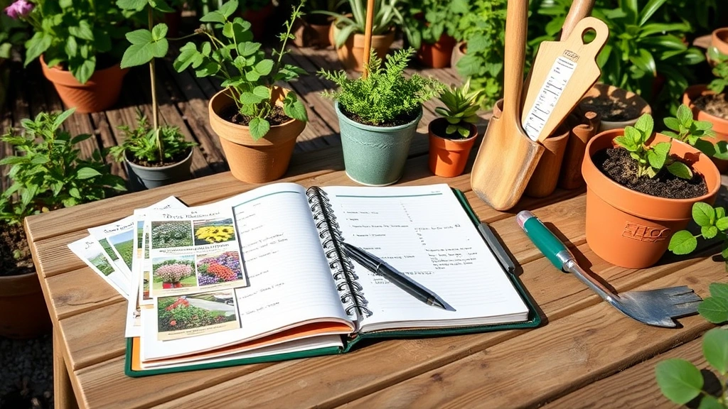 Garden journal or planner open on outdoor table with pen, seed packets, and gardening notes, surrounded by potted plants and garden tools
