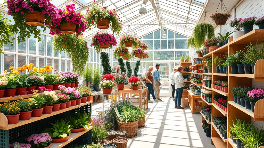 Bright, well-organized garden shop interior with tiered plant displays, hanging baskets of colorful flowers, and customers browsing various potted plants and gardening supplies on wooden shelves under natural sunlight
