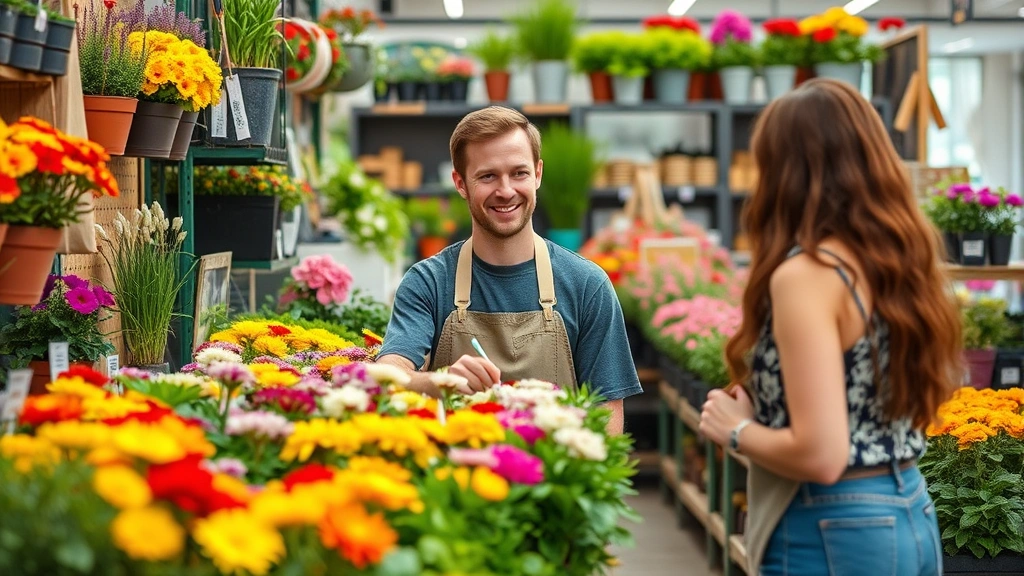 Garden shop owner or staff member smiling while helping a customer select plants, surrounded by rows of vibrant flowering plants, gardening tools, and supplies in a welcoming retail environment