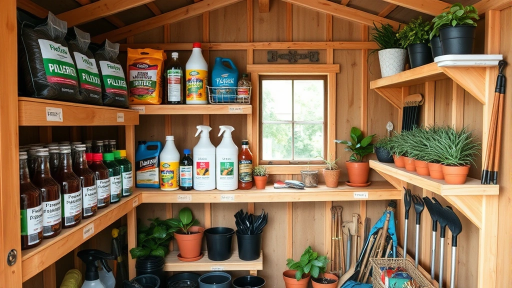 Organized garden shed interior with labeled shelves displaying neatly arranged gardening supplies including potting soil bags, fertilizer bottles, plant pots, and tools on wooden shelving units