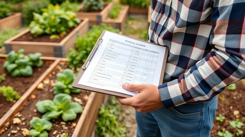 Close-up of gardener's hands holding clipboard with inventory checklist standing among raised garden beds filled with vegetable plants and soil amendments