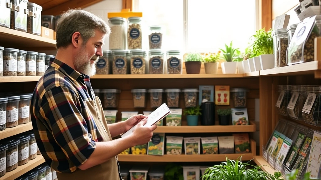Gardener examining seed collection in organized storage system with labeled containers and seed packets arranged on wooden shelves in bright natural light