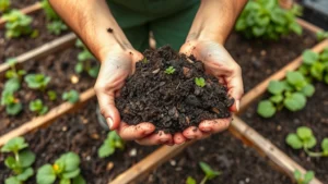 Gardener's hands holding rich dark compost over raised garden beds filled with growing vegetables, natural daylight, realistic soil texture
