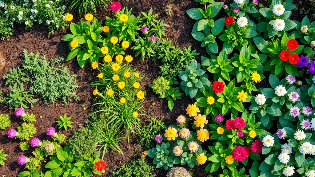 Overhead view of diverse garden beds with native plants, herbs, and flowers in full bloom during spring season, natural morning light