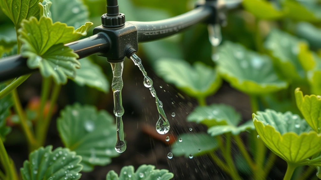 Close-up of drip irrigation system watering vegetable plants with water droplets, morning dew visible on green leaves, photorealistic