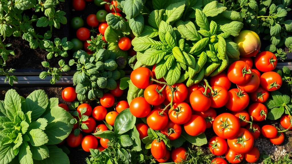 Overhead view of diverse vegetable garden with ripe tomatoes, lettuce, peppers, and herbs growing in organized raised beds on sunny afternoon, showing lush foliage and productive plants