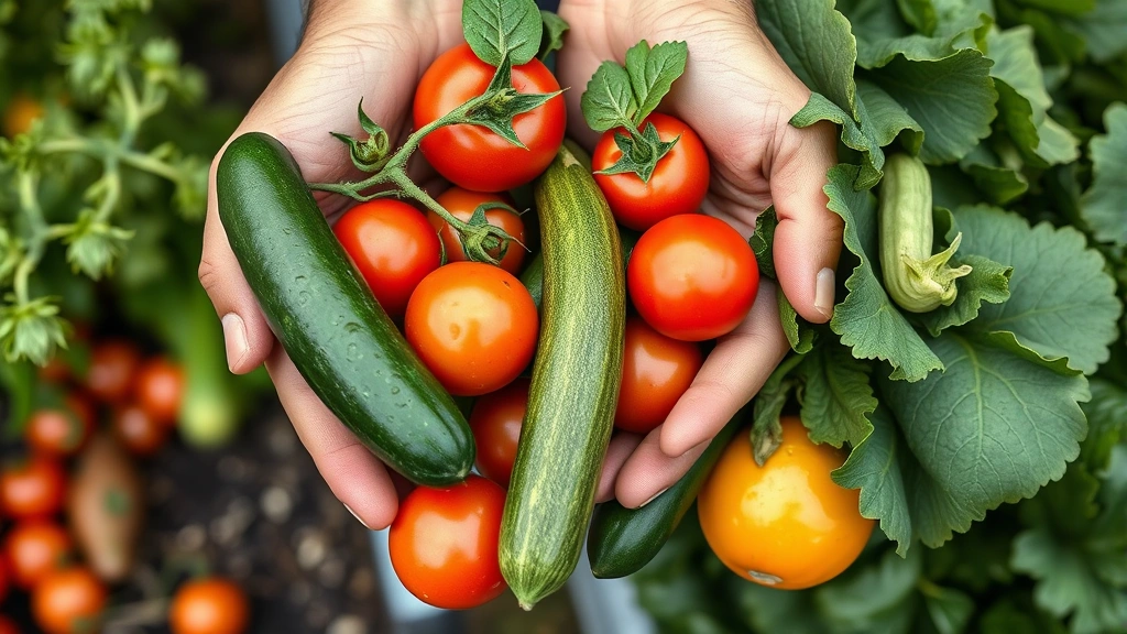 Close-up of hands holding freshly harvested organic vegetables including tomatoes, cucumbers, and leafy greens, displaying vibrant colors and garden-fresh quality