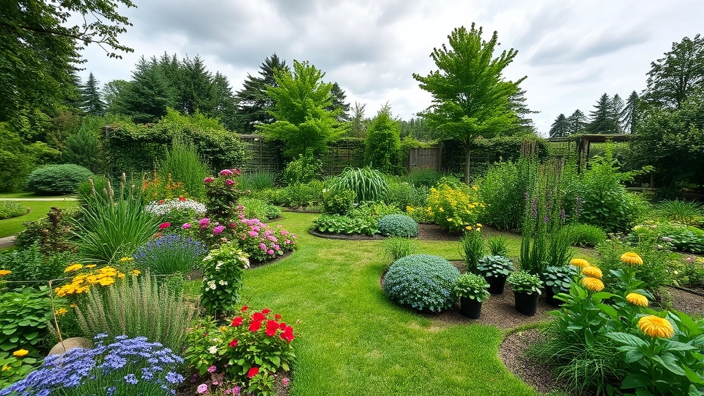 Wide landscape shot of established mature garden with mature plants, flowering perennials, productive vegetable beds, and natural landscape integration showing ecosystem value and aesthetic beauty