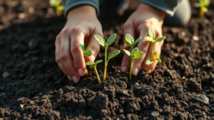 Close-up of hands planting seedlings in rich dark soil with spring garden bed in soft focus background, morning sunlight illuminating soil texture
