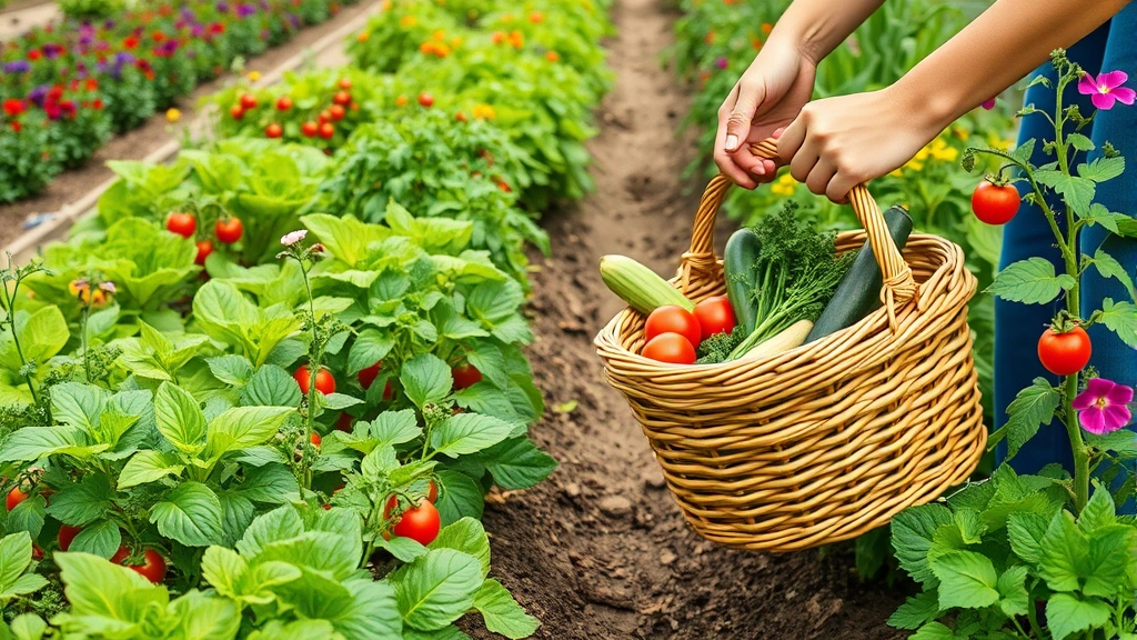 Vibrant vegetable garden rows with mature tomato plants, lettuce, herbs, and flowering companions, person harvesting ripe vegetables into basket