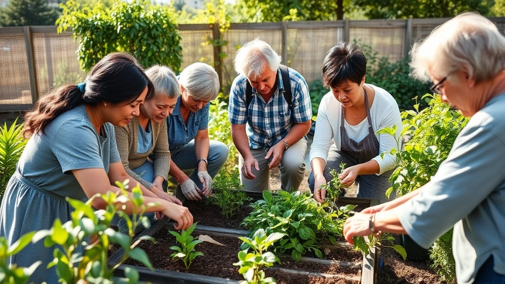 Diverse community members of different ages working together in shared garden space, tending plants and sharing knowledge, natural daylight