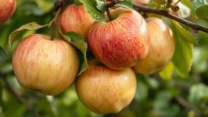 Close-up of ripe Granny Smith and Honeycrisp apples hanging on tree branches with morning dew, showing natural fruit colors and healthy foliage in background