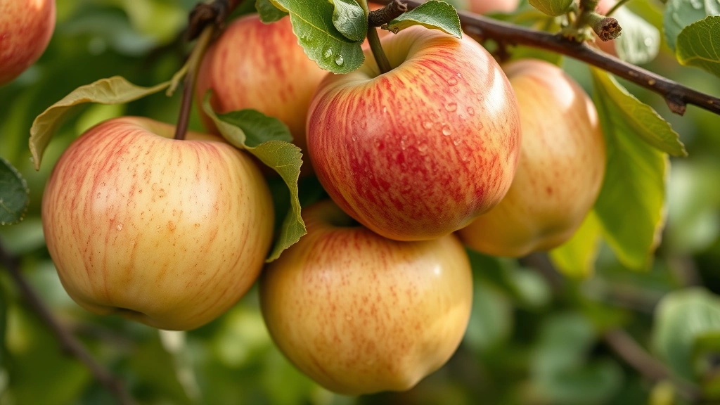 Close-up of ripe Granny Smith and Honeycrisp apples hanging on tree branches with morning dew, showing natural fruit colors and healthy foliage in background