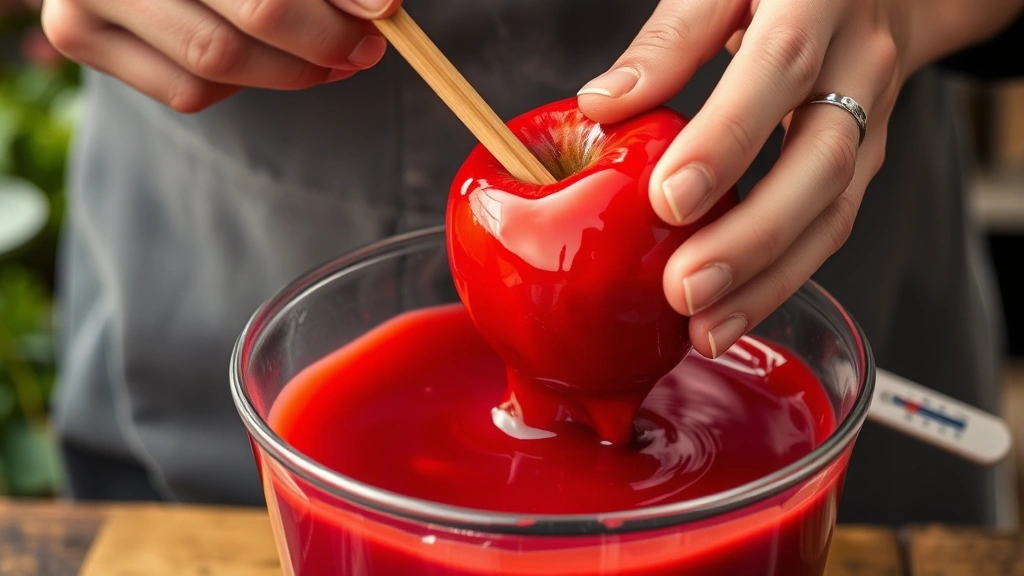 Gardener's hands dipping a prepared apple into glossy red candy coating, wooden stick visible, candy thermometer in background showing temperature reading, steam rising slightly