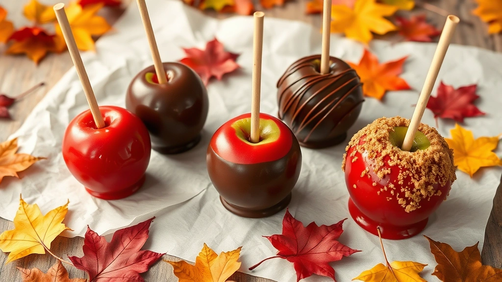 Display of finished candy apples with various coatings - red hard candy, chocolate-dipped, cinnamon-sugar dusted - arranged on parchment paper with autumn leaves scattered around, natural lighting