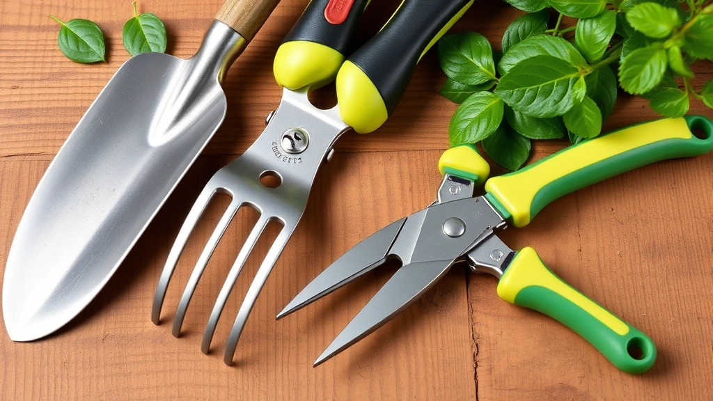 Professional gardener's hand tools arranged on wooden surface: quality trowel, hand fork, bypass pruning shears, and weeding tool with stainless steel heads and ergonomic handles