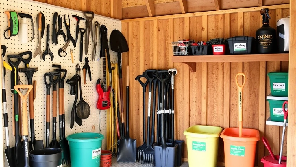 Organized garden shed interior with wall-mounted hand tools on pegboard, shelving with neatly arranged spades and forks, and labeled storage containers for small implements