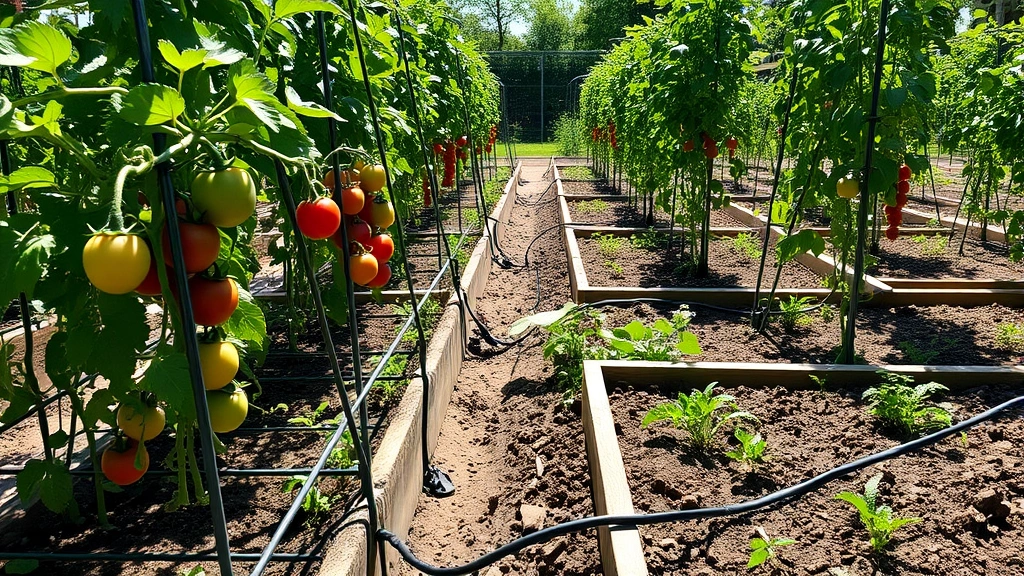 Vegetable garden with sturdy tomato cages supporting heavy-laden plants, drip irrigation lines running through raised beds, and well-maintained soil in afternoon sunlight