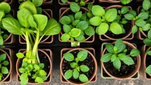 Overhead view of fresh Asian vegetable seedlings in biodegradable pots at a garden center, including bok choy, perilla, and Thai basil plants with vibrant green foliage and visible soil in containers
