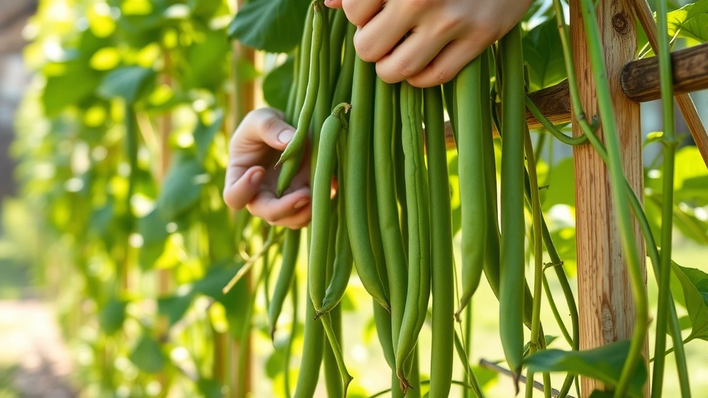 Close-up of hands harvesting yard-long beans from a vertical trellis in a home garden, with lush green vines and multiple slender pods visible against bright sunlight