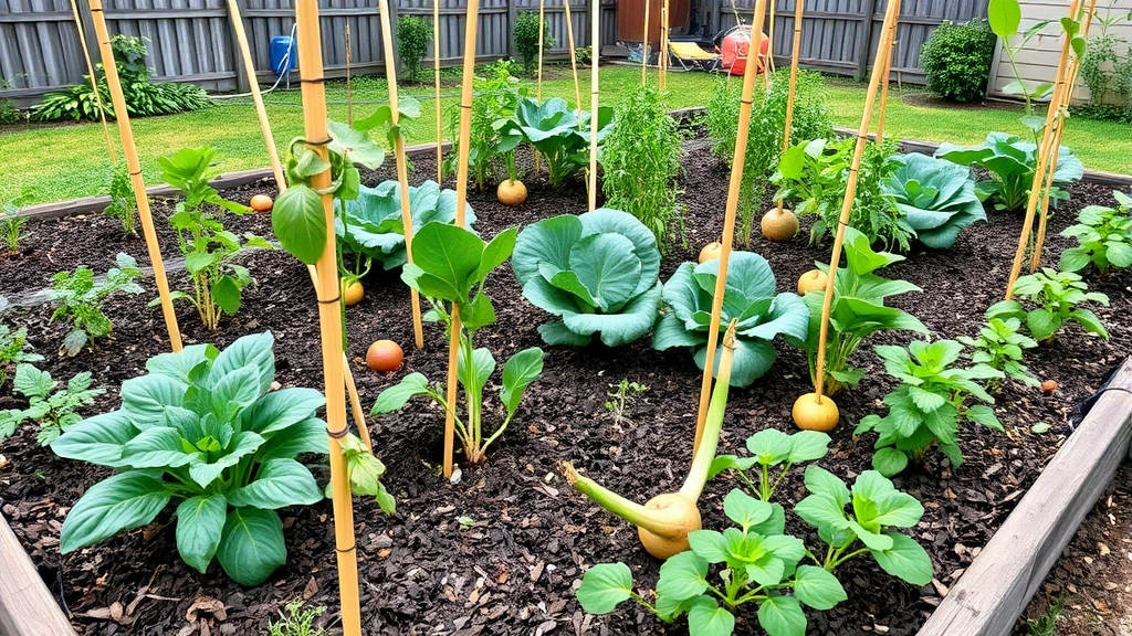 Wide shot of a well-organized raised garden bed filled with diverse Asian vegetables at various growth stages, featuring bamboo stakes, drip irrigation lines, and mulch-covered soil in a residential backyard setting