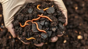 Close-up of rich dark compost soil with earthworms and beneficial microorganisms visible, organic matter texture, gardener's gloved hand holding handful of healthy garden soil showing crumbly texture