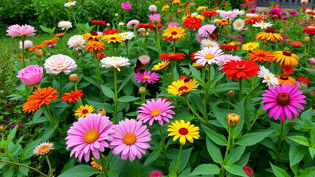 Wide view of abundant thriving garden with multiple colorful blooming flowers including roses, daisies, and zinnias, green healthy foliage, butterflies and bees actively pollinating, lush garden at peak season