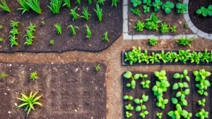 Overhead view of diverse spring garden beds with emerging green shoots, fresh mulch, and newly planted seedlings in organized rows, morning light illuminating the awakening garden