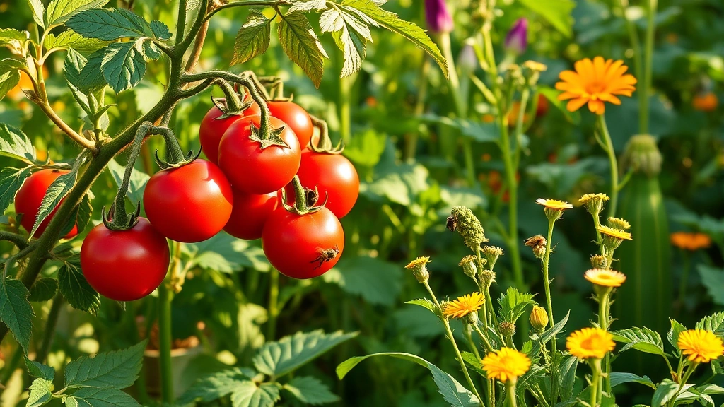 Summer garden abundance showing ripe red tomatoes on vigorous vines, vibrant green squash plants, and flowering herbs with bees visiting blooms, warm golden afternoon light