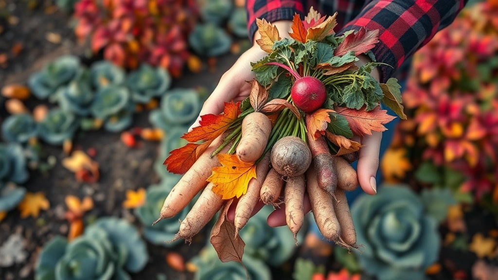 Fall harvest display with hands holding freshly dug root vegetables, colorful autumn leaves, and cool-season crops like kale and broccoli growing in the background, cool morning light