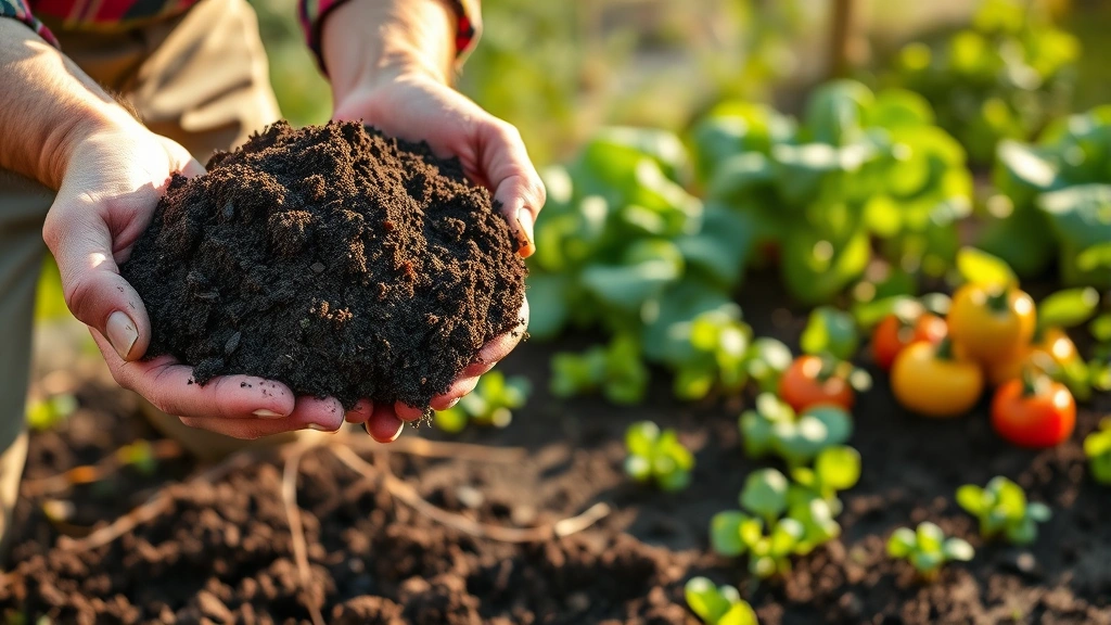 Gardener hands holding rich dark compost over a garden bed with vegetables growing in background, morning sunlight, organic soil preparation