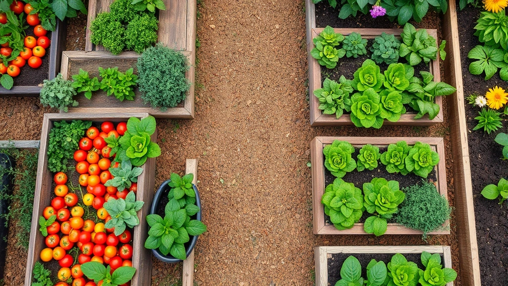 Overhead view of diverse raised vegetable garden beds with tomatoes, lettuce, herbs, and flowers in organized rows, mulched pathways between beds