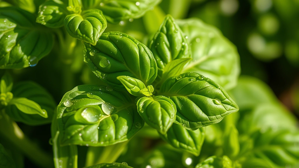Close-up of fresh green basil leaves with water droplets on morning dew, vibrant green foliage in sunlight, shallow depth of field