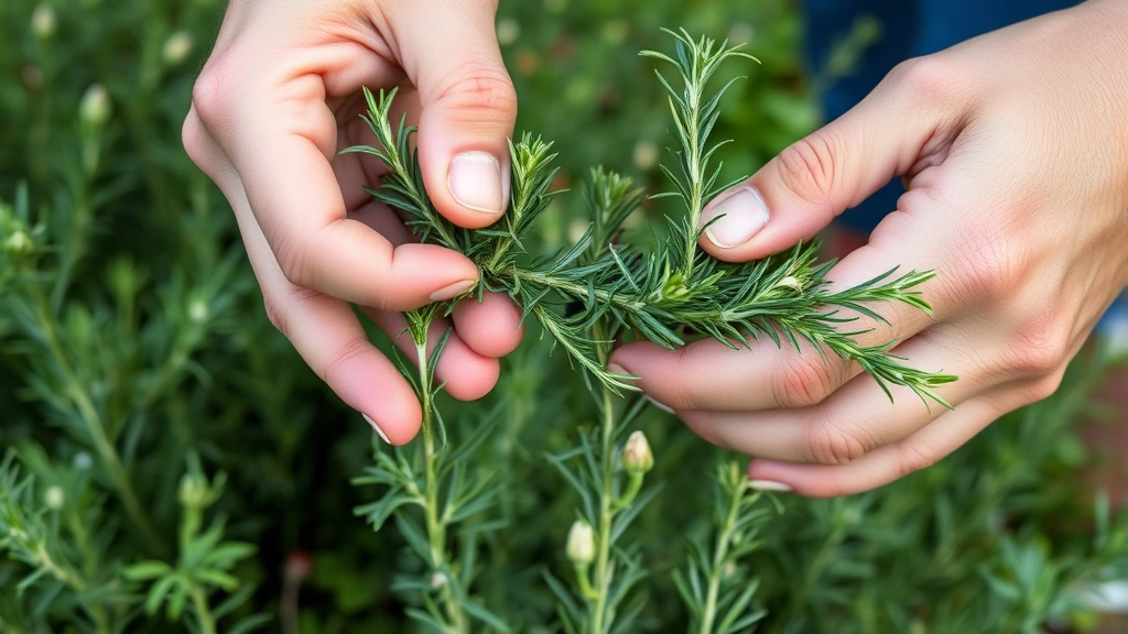 Hands harvesting fresh rosemary sprigs from mature flowering plant, showing proper pinching technique with green garden background