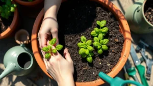 Hands potting fresh green basil seedlings into rich dark soil in a terracotta planter on a sunny patio, with watering can and gardening tools nearby