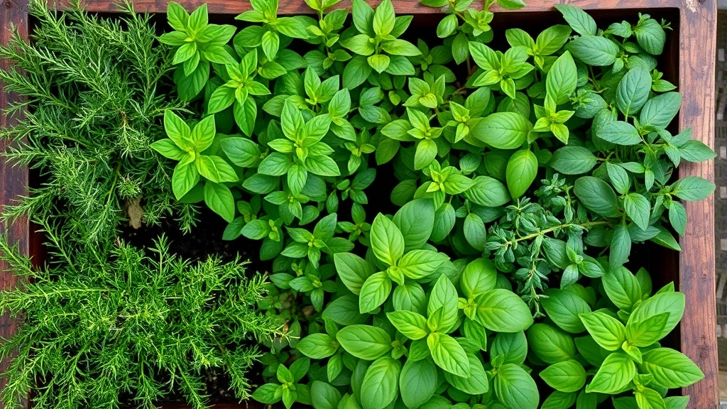 Overhead view of a lush productive herb garden planter with rosemary, thyme, oregano, and basil growing together, showing vibrant green foliage and healthy plants