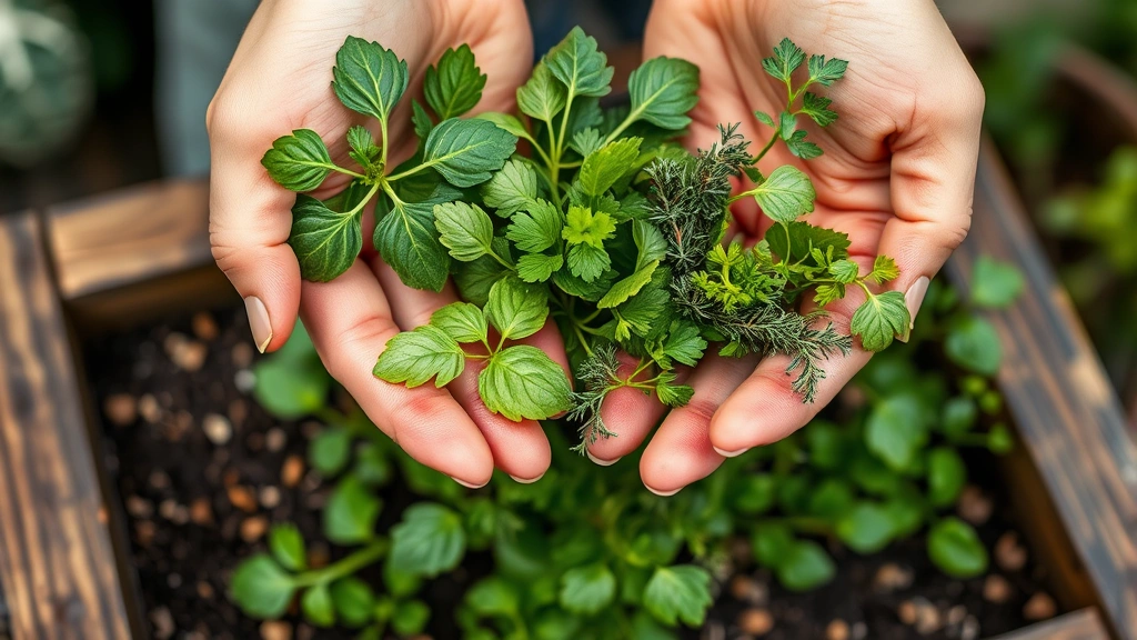 Close-up of freshly harvested herb leaves including basil, parsley, and thyme in hands over a wooden herb planter with soil visible, soft natural garden lighting