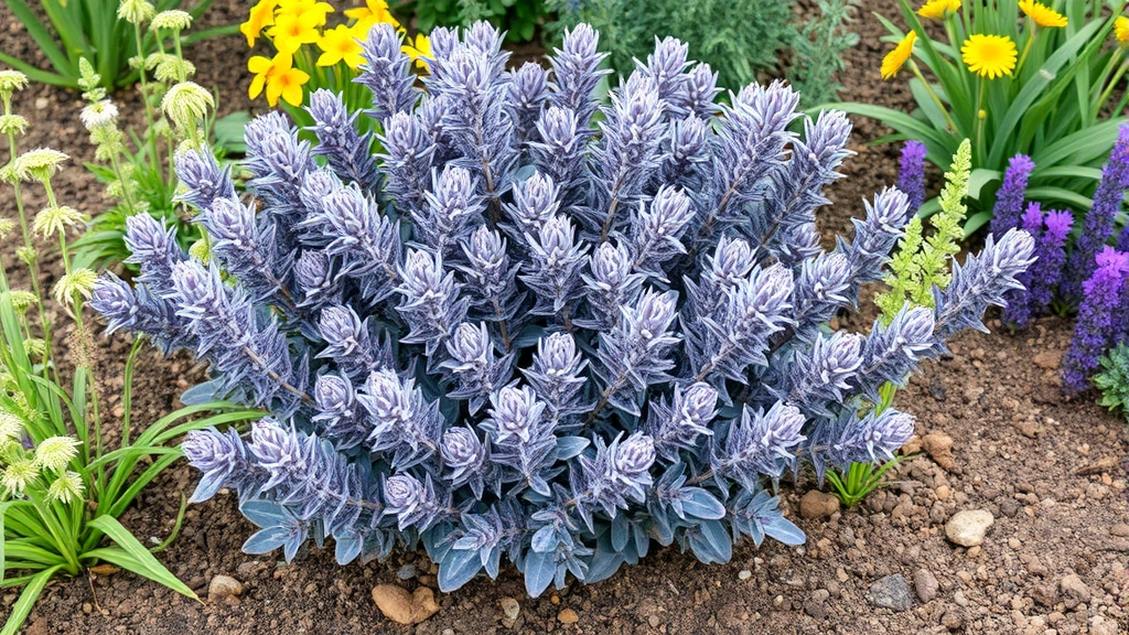 Mature sage plant with purple-gray foliage growing in well-draining garden soil surrounded by complementary Mediterranean herbs