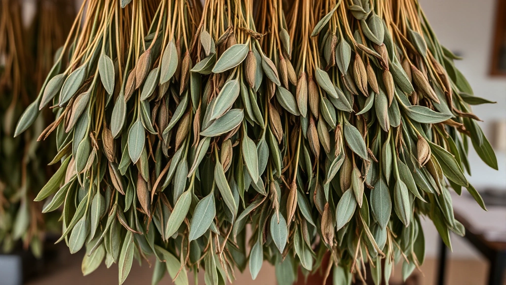 Harvested sage stems bundled together hanging to dry in a warm, well-ventilated space showing dried leaf texture
