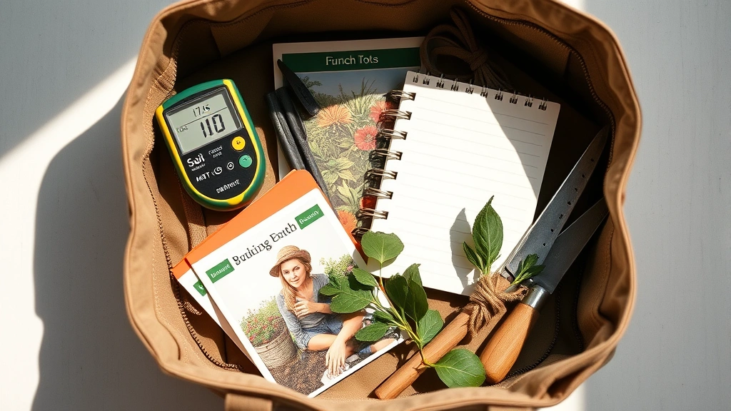 Styled flat lay of gardening essentials arranged inside an open structured tote: soil pH meter, seed packets, pruning tools, garden twine, and notebook arranged neatly with natural light casting soft shadows