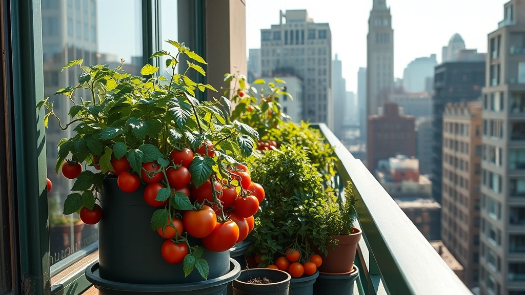 Lush container garden on modern Manhattan apartment balcony with tomato plants, herbs in pots, and green railings overlooking city buildings, bright morning sunlight, photorealistic