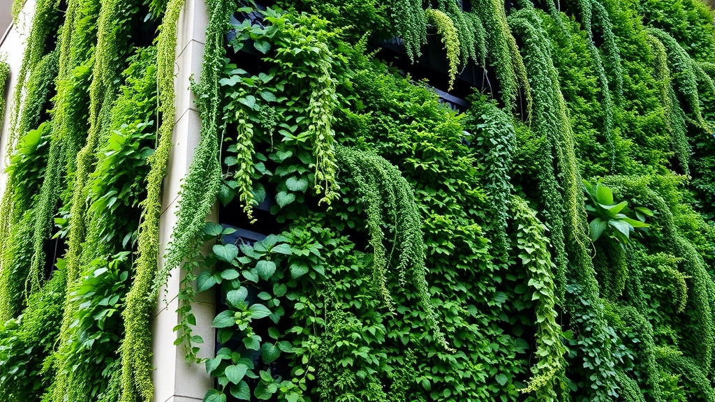 Vertical living wall system covered in cascading green herbs and trailing plants on urban building facade, dense foliage, professional installation, natural daylight