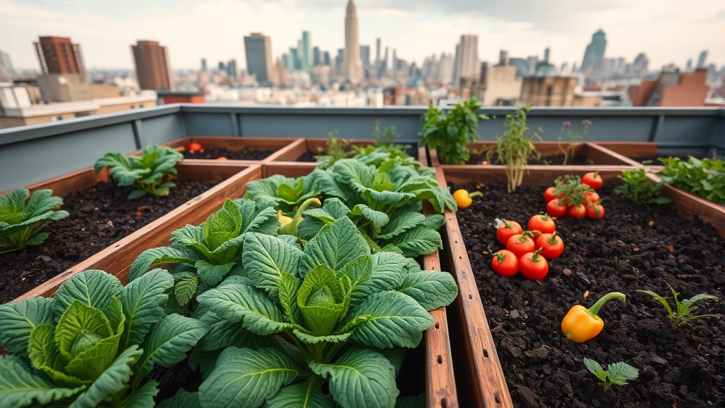 Overhead view of raised garden beds with colorful vegetables growing including kale, peppers, and herbs, rich dark soil visible, urban rooftop setting with city skyline background