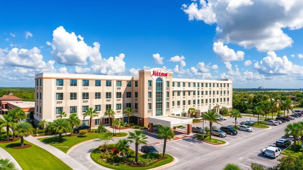 Aerial view of Tampa hotel exterior with landscaped grounds, palm trees, and parking area on sunny day with blue sky and white clouds
