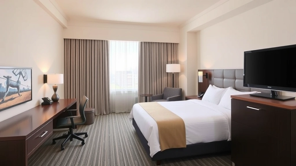 Modern hotel guest room with king bed, work desk, flat-screen TV, and contemporary furnishings in neutral tones with natural lighting from window
