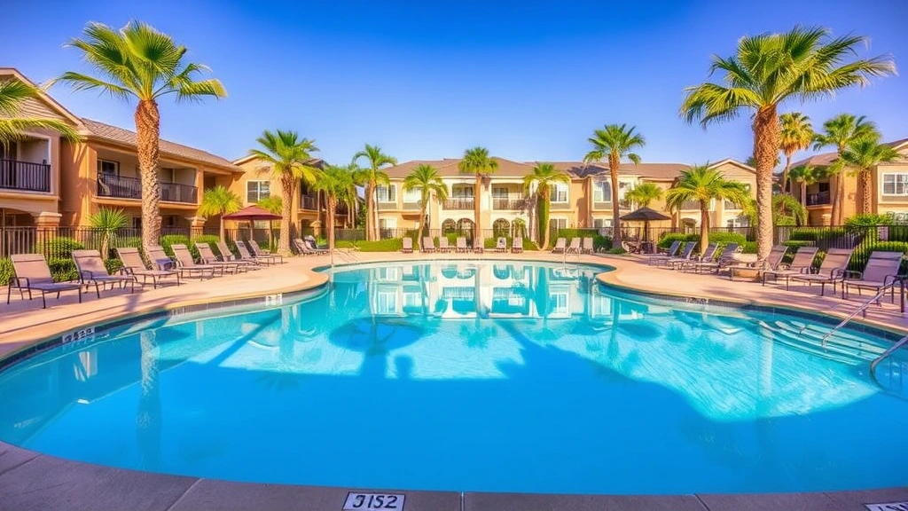 Resort-style heated swimming pool surrounded by lounge chairs and tropical landscaping with palm trees, clear blue water, and sunny weather